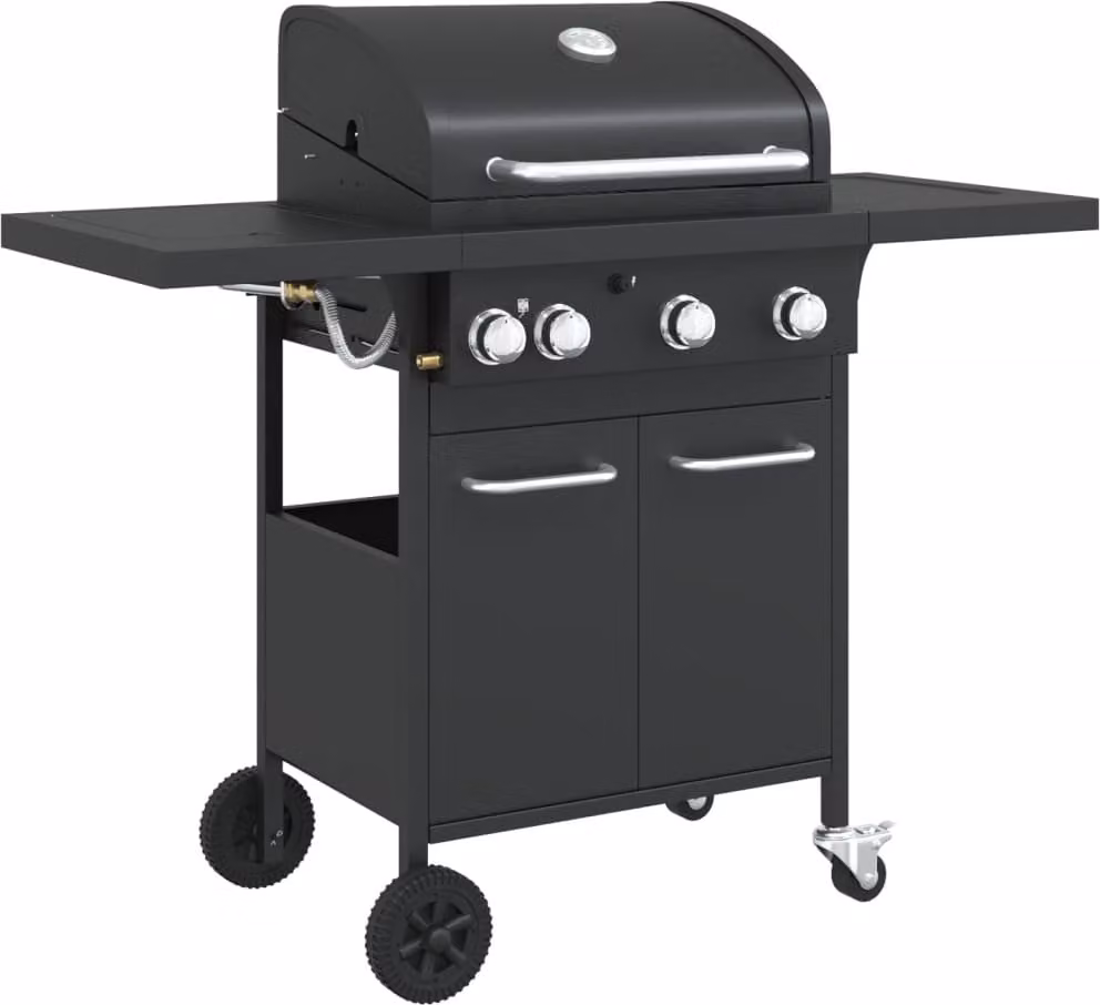 vidaXL Barbecue a gas a 4 fiamme Acciaio nero verniciato a polvere