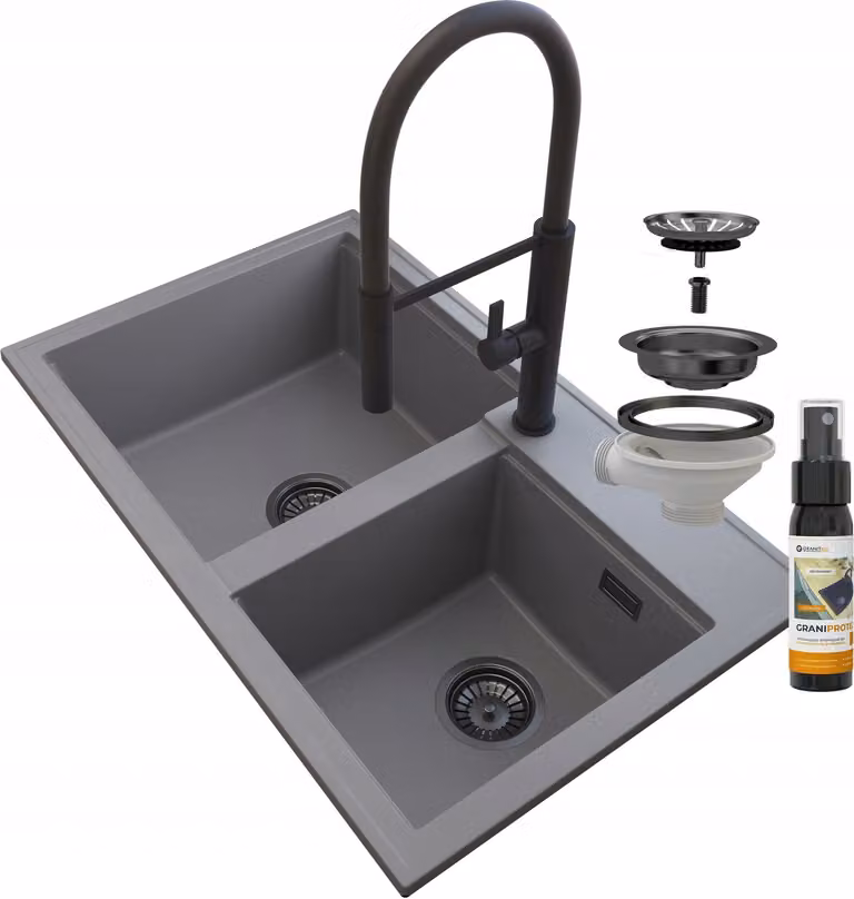 Granitan - Lavello in granito - Lavello da cucina - 2 vasche - 80x50 cm - Grigio - con rubinetteria FULL e sifone - HEKTOR