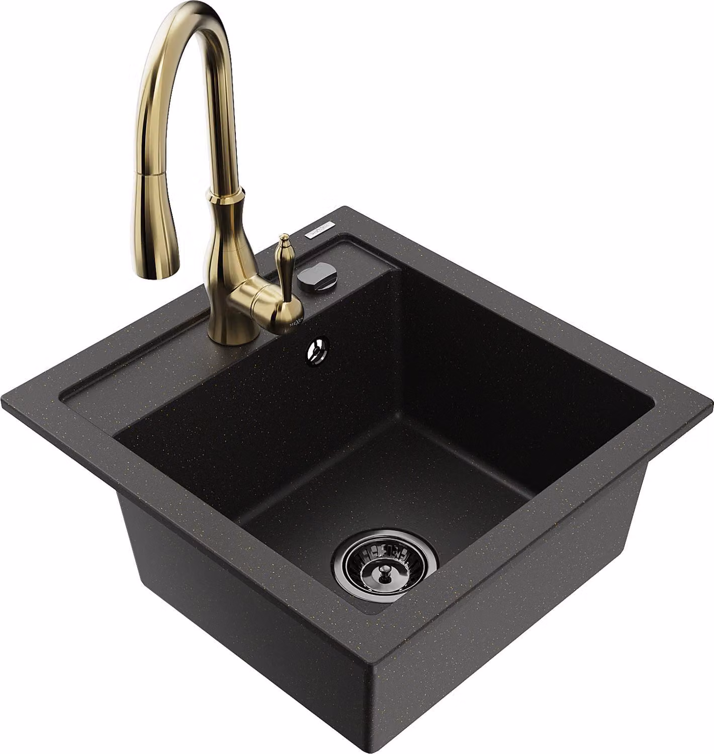 Mexen Vito lavello in granito a 1 vasca con rubinetto da cucina Savita, nero/oro metallizzato - 6503-75-672601-50-B