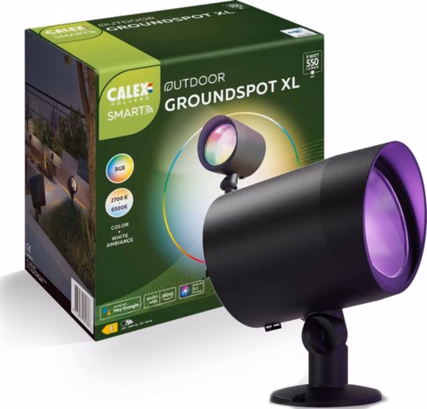 Calex Smart Outdoor LED XL faretto da terra 9W, impermeabile, illuminazione da giardino intelligente con picchetto da terra, luce RGB e bianco caldo, nero