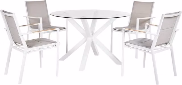 Set da pranzo da giardino Beliani con tavolo in alluminio bianco e piano in vetro trasparente e 4 sedie, L: 120 cm, P: 77 cm, H: 70 cm