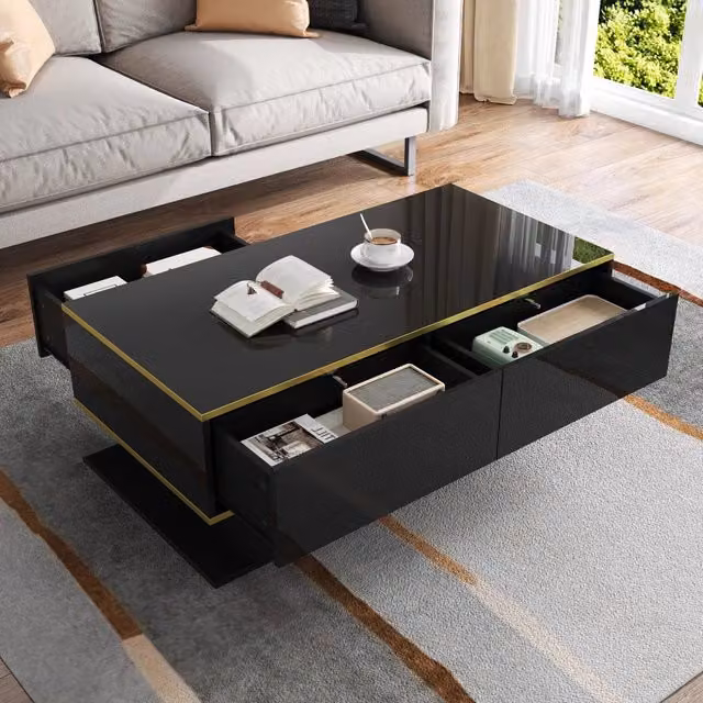 Tavolino basso moderno OKWISH con LED regolabile, 3 cassetti e vano aperto, finitura lucida nero e oro, L: 100 cm, P: 50 cm, H: 40 cm