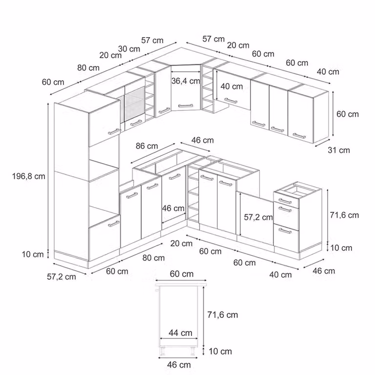 Cucina angolare completa R-Line Vicco in Rovere dorato, design moderno con ante in vetro e finitura opaca, 247 x 237 cm
