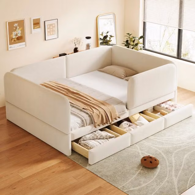 Letto bambino 140x200 cm in velluto beige con contenitore, salvaspazio, senza materasso –
