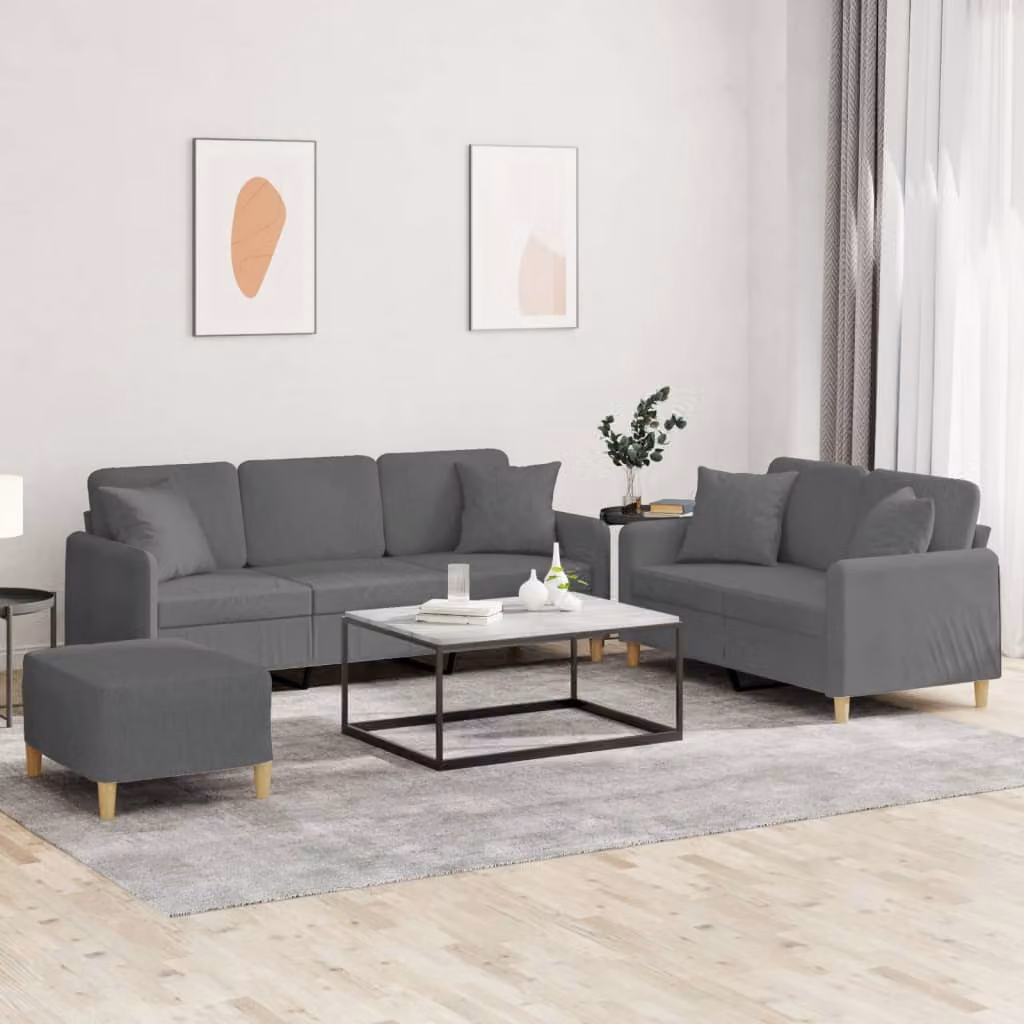 vidaXL Set di Divani Moderno 3 Pezzi con Ottoman e Cuscini Grigio Scuro in Tessuto – 1