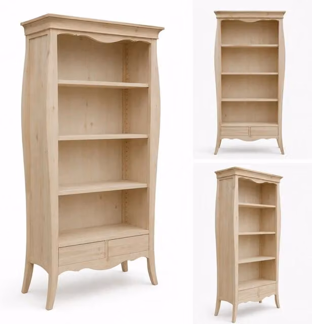 Libreria a giorno Mobili 2G in legno grezzo con 3 ripiani regolabili e 2 cassetti, L: 106 cm, P: 47 cm, H: 204 cm – 4