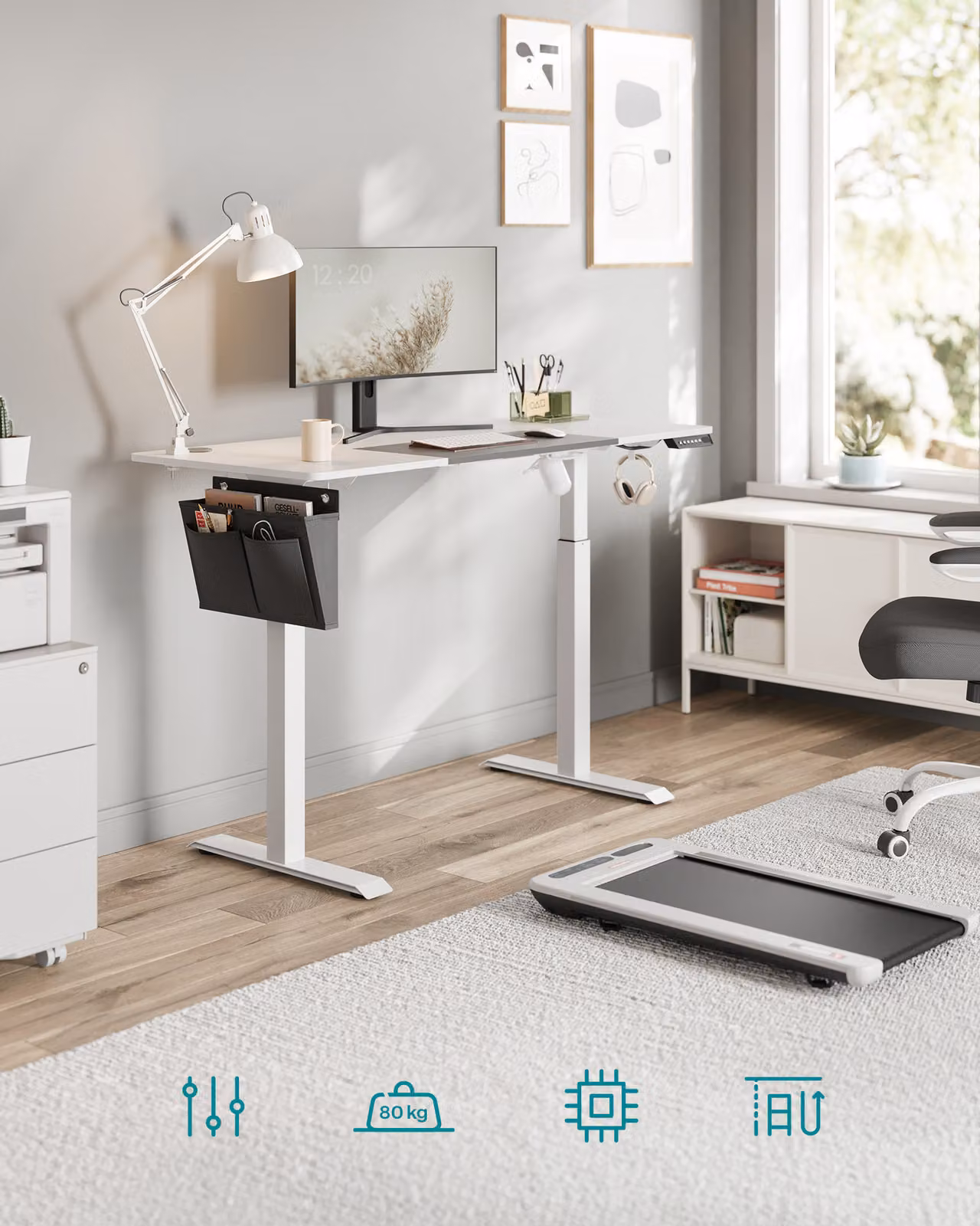 SONGMICS Scrivania regolabile in altezza elettricamente, 140 cm, con funzione di memoria a 4 livelli di altezza, bianco classico