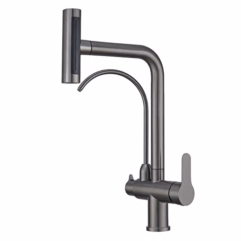 rubinetto da cucina girevole a 360°, doppio supporto, acqua calda e fredda, acciaio inox, grigio canna di fucile