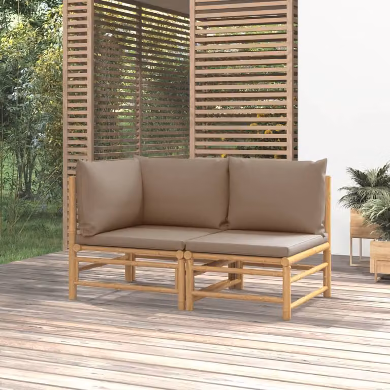 Set da lounge per giardino, composto da due elementi, con cuscini color taupe e struttura in bambù