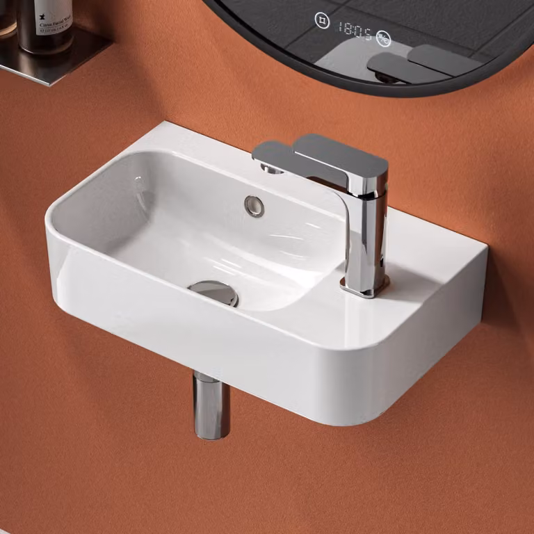 EMKE, lavabo piccolo, 45,5 x 27 x 15 cm, rubinetto a destra, bianco