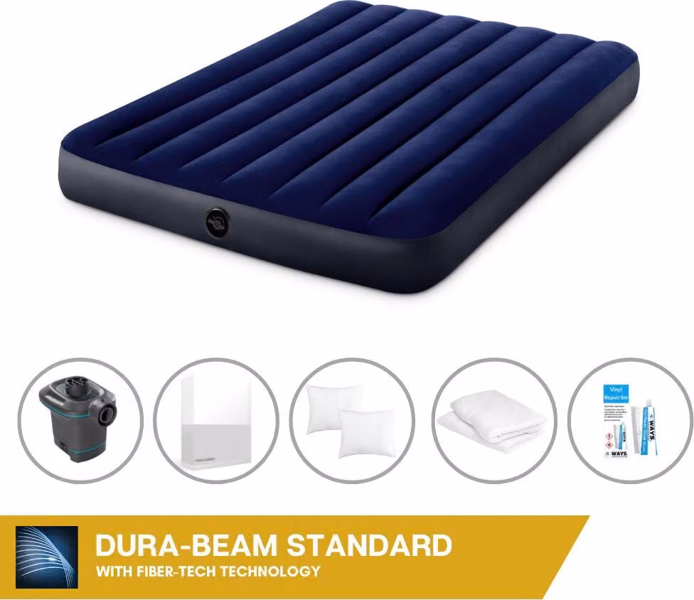 Letto ad aria Intex - 2 persone - 137 x 191 x 25 cm - Blu + pompa elettrica Intex - 650 litri/min + lenzuola bianche + cuscino + federe Molton 2 in 1 + set di riparazione