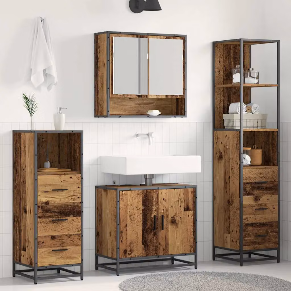 Set di mobili per il bagno moderno vidaXL in legno e metallo, 4 pezzi, marrone e nero, L/P/H: 65 x 33 x 166 cm – 1
