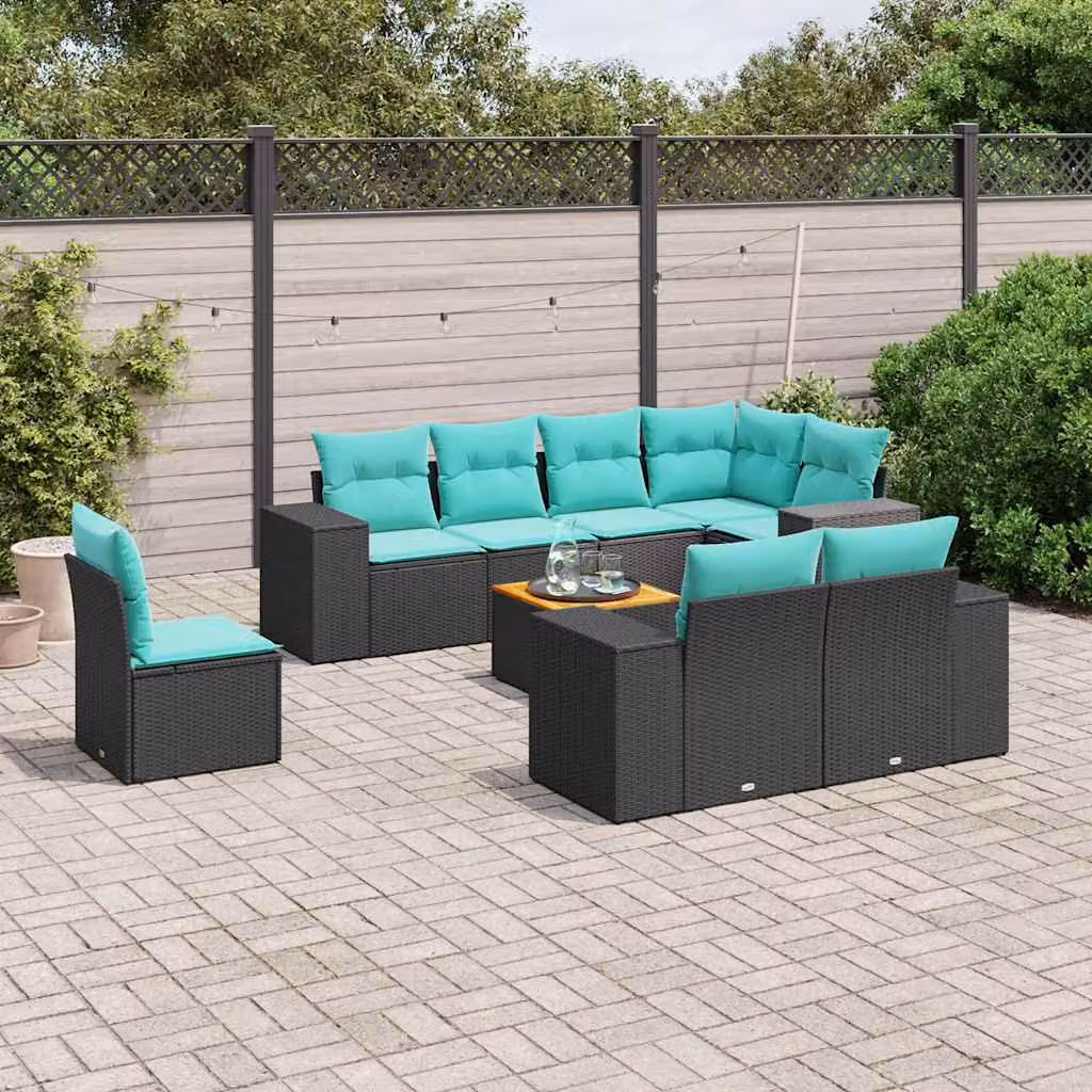 Set di divani da giardino vidaXL in polyrattan nero con cuscini e tavolino da esterno a forma di L