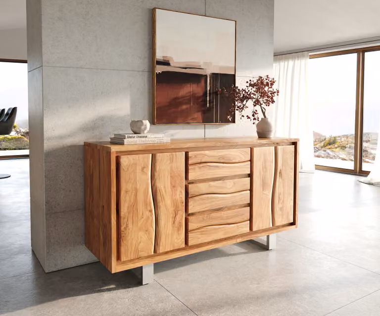 Mobile contenitore DELIFE con piano in legno massello a bordo vivo, 147 cm, legno di acacia naturale, 3 cassetti e 2 ante