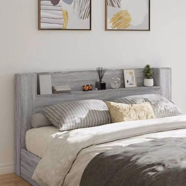 Testiera decorativa moderna vidaXL in legno in grigio con illuminazione integrata e mensola, L 200 x P 16,5 x H 103,5 cm – 1