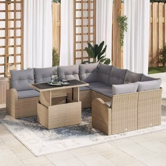 Set Divano da Giardino Moderno vidaXL a Forma a U con Tavolino e Cuscini, 9 Pezzi, Beige e Grigio – 1