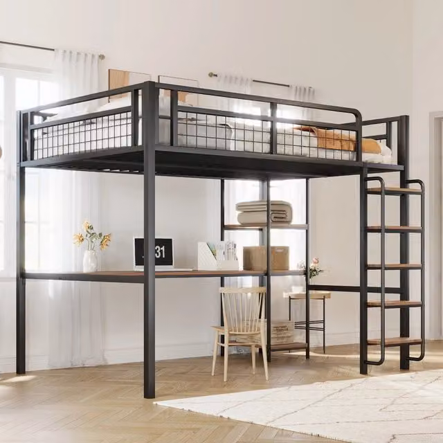 Letto a Soppalco in Metallo con Tavolo e Scaffale ¨C MINIMAL ¨C Nero 140x200