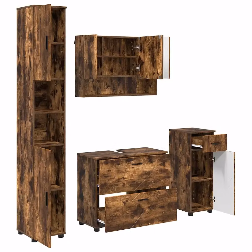 Set di mobili per il bagno vidaXL 4 pezzi in rovere fumé con mobile lavabo, armadietto con specchio, mobile laterale e colonna alta – 2