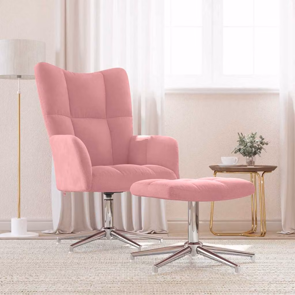 vidaXL Poltrona Relax con Poggiapiedi Rosa in Velluto, Sedia Girevole 360 Gradi con Braccioli e Struttura in Metallo