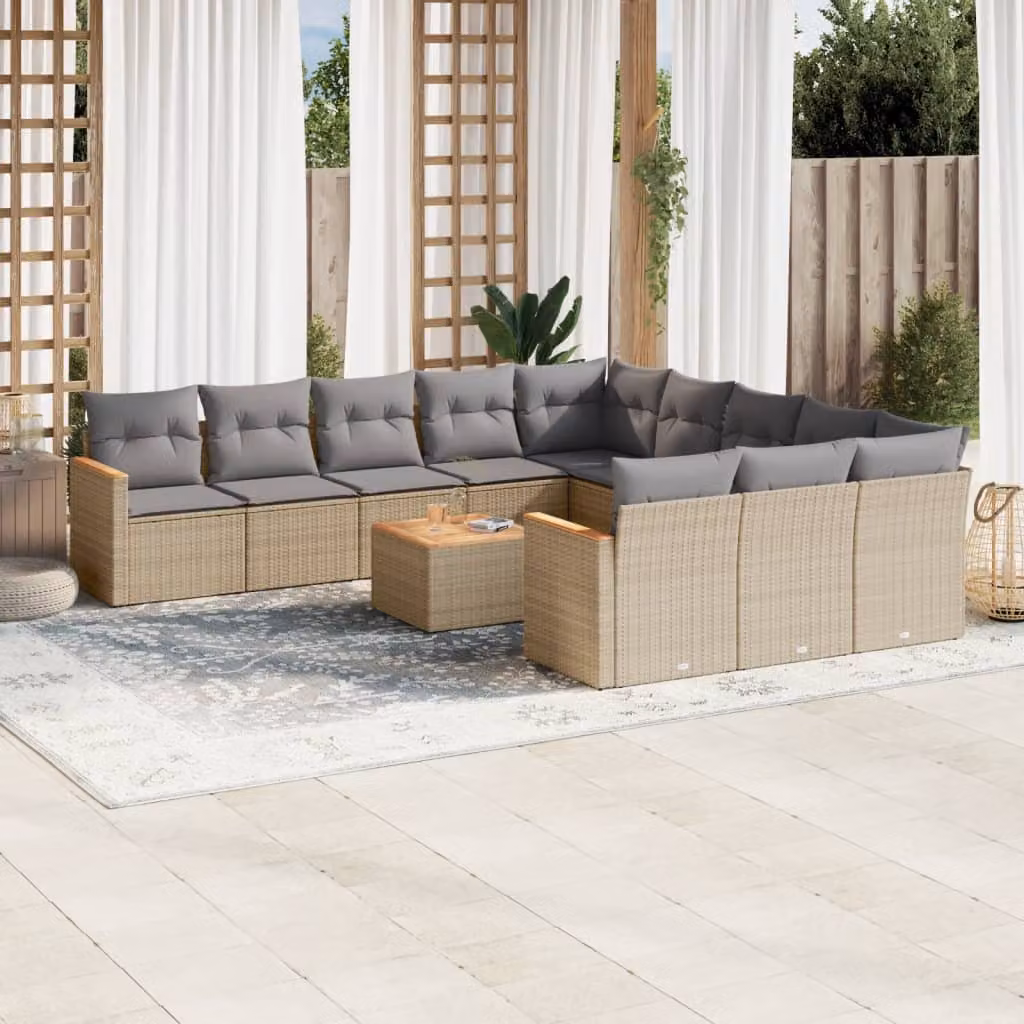 vidaXL Set Divani da Giardino a Forma di U in Polyrattan con Cuscini Beige e Tavolino da Caffè Esterno
