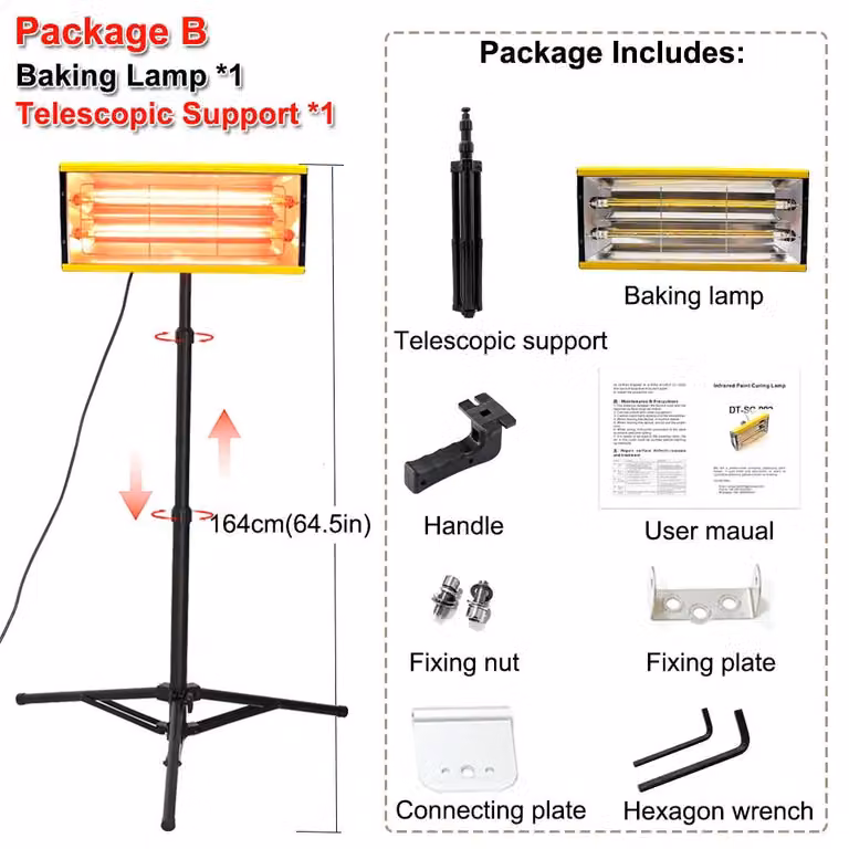 Essiccatore a infrarossi per vernici - Lampada di essiccazione a onde corte da 2000W per verniciature automobilistiche - Area di copertura: 35x40 cm - Lampada alogena - Treppiede con altezza regolabile - 110/220V