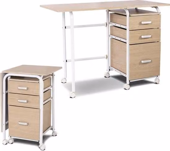 Scrivania pieghevole per computer con 3 cassetti e rotelle, scrivania con struttura in metallo, scrivania salvaspazio, scrivania pieghevole per piccoli spazi, 105 x 50 x 75 cm (bianco)