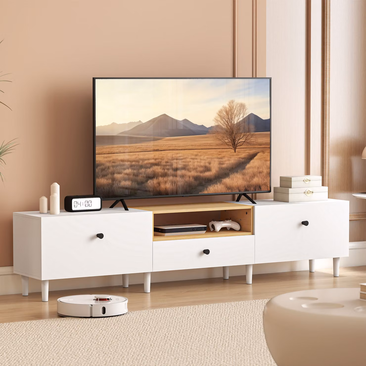 Mobile TV HOMCOM moderno in legno bianco con 2 ante ribaltabili e cassetto L/P/H: 200 x 35 x 45 cm – 2