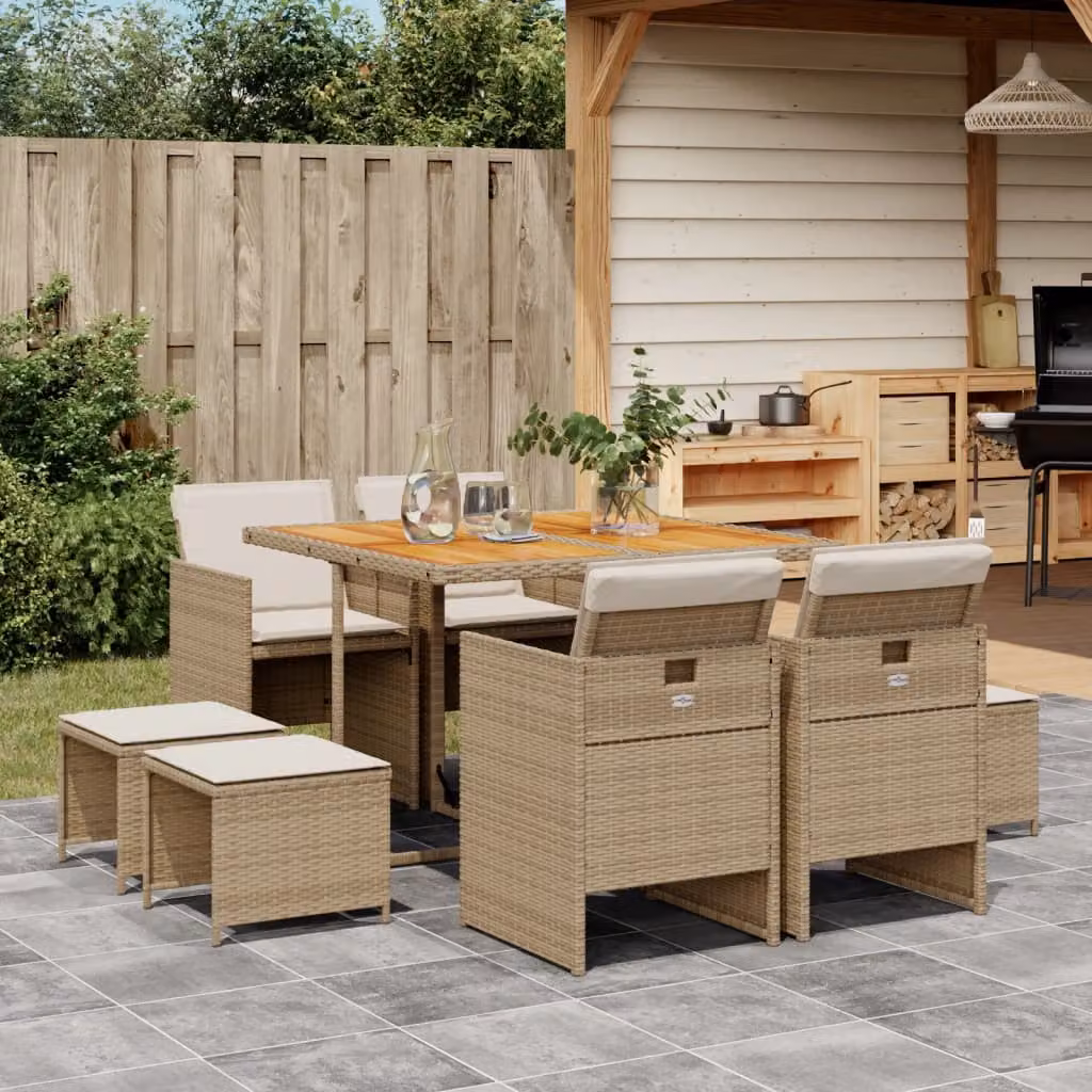 Set da pranzo da giardino vidaXL in polyrattan e legno di acacia con 9 pezzi e cuscini beige – 1