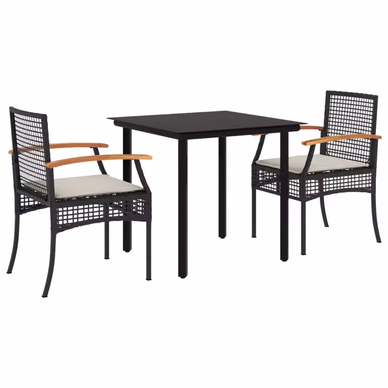 Set da Pranzo da Giardino 3 pz con Cuscini Nero in Polyrattan
