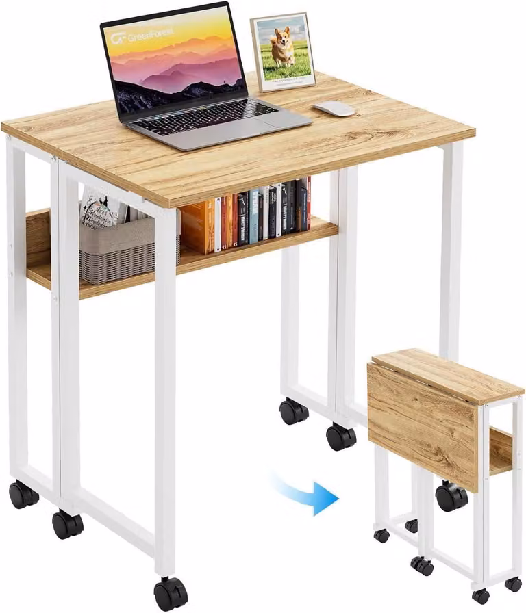 Piccola scrivania pieghevole con rotelle e spazio di archiviazione, beige