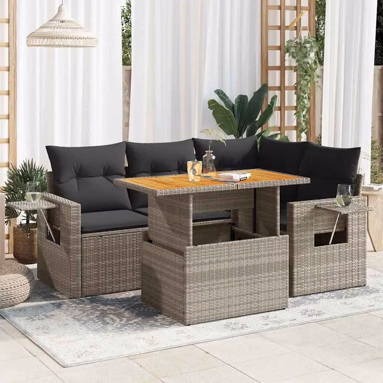 Set Divano da Giardino a L vidaXL in Polyrattan Grigio con Cuscini e Tavolino da Esterno