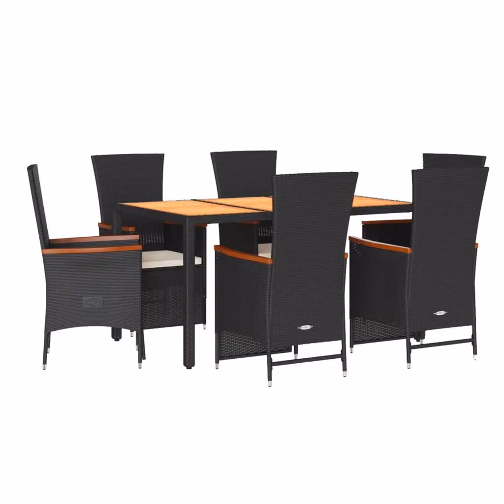 Set da Pranzo da Giardino 7 pz Nero con Cuscini in Polyrattan