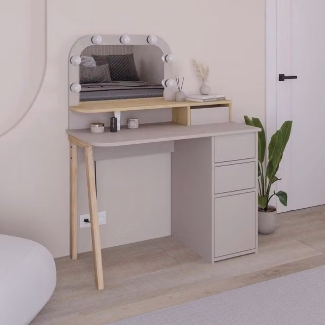 Toeletta da trucco Avien tortora rovere con specchio e luci LED 105x51.5x131H