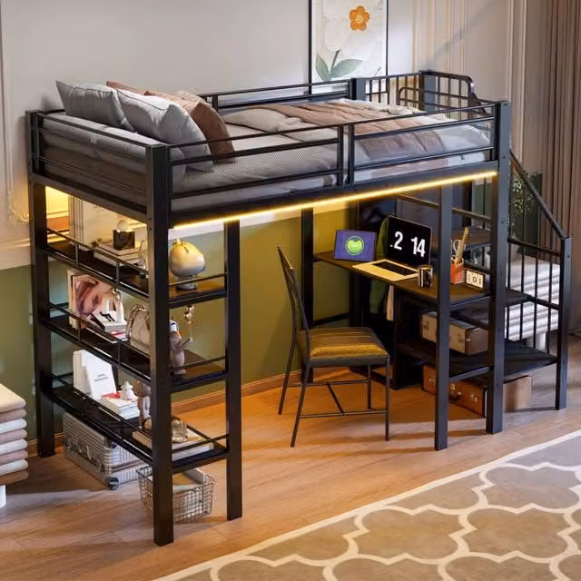 Letto a soppalco MIVRAY in metallo nero con scrivania, libreria, armadio, scala, illuminazione LED e porta USB, L/P/H: 200 x 90 x 252 cm