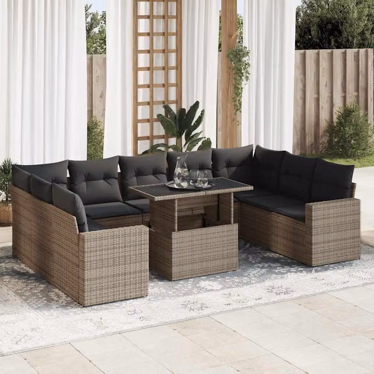 Set Divano da Giardino vidaXL 10 Pezzi a Forma di U con Cuscini Grigio in Polyrattan e Tavolino da Esterno