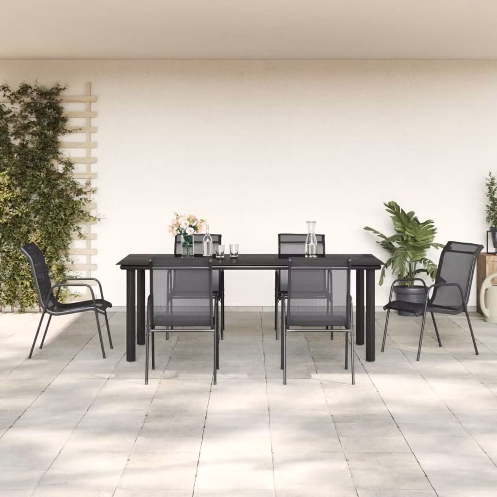 The Living Store Set da pranzo da giardino 7 pezzi in acciaio nero e textilene
