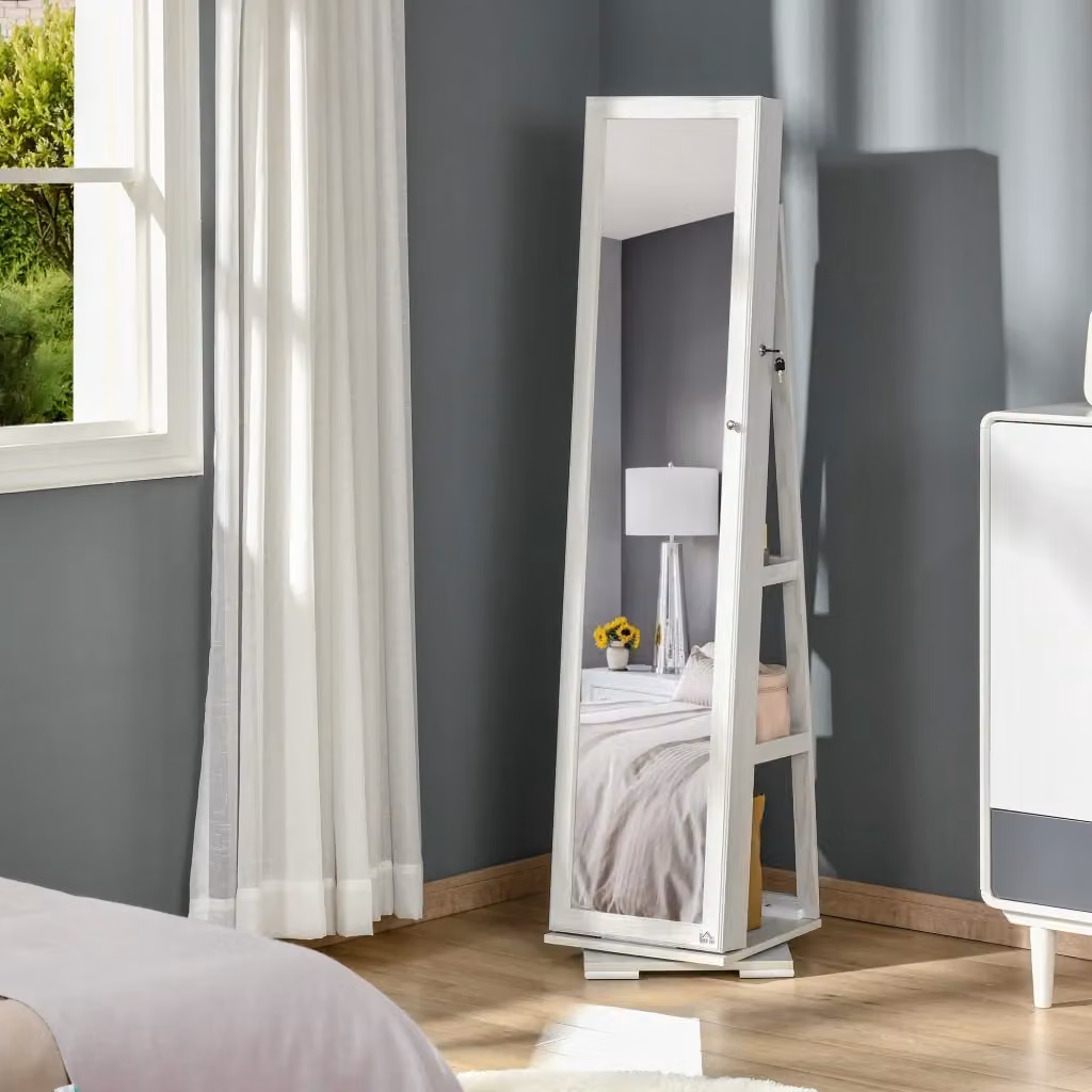 Specchio da terra girevole con armadio portagioie GIORDANOSHOP in MDF bianco, L/P/H: 38 x 38 x 160 cm – 2