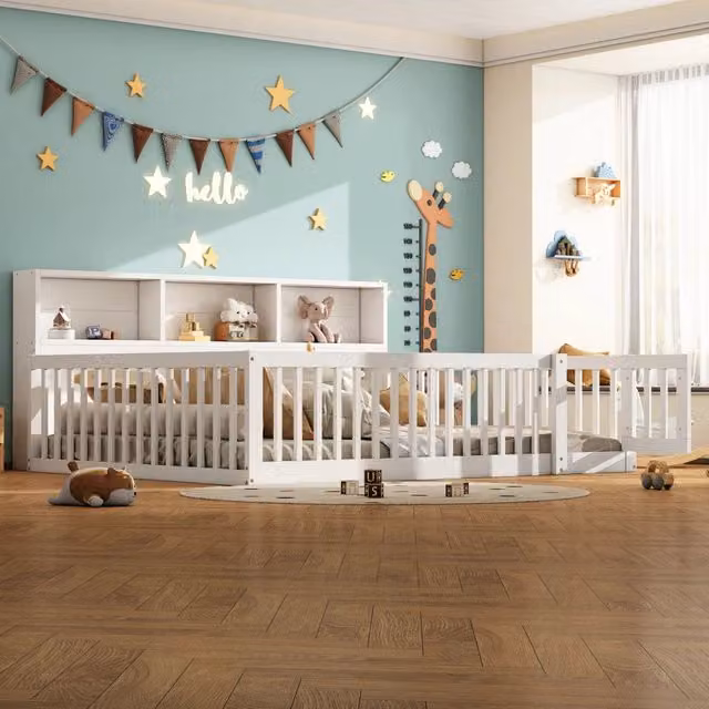 Letto per bambini 140x200 cm con rete a doghe e contenitore laterale; in pino e MDF bianco