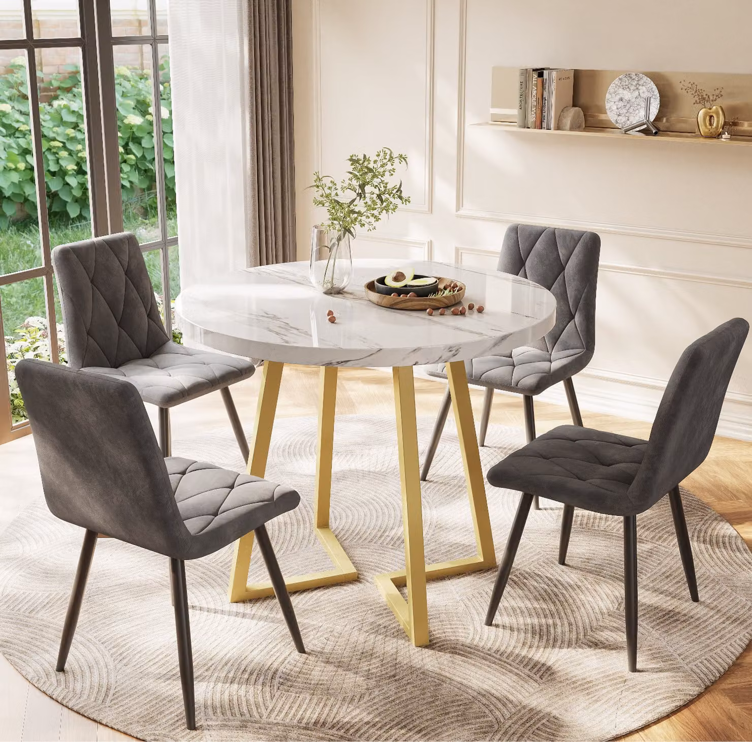 Tavolo da pranzo rotondo Flieks con gambe in metallo, tavolo da cucina e da pranzo effetto marmo, tavolo da pranzo con gambe in metallo, 80x80x75 cm, oro