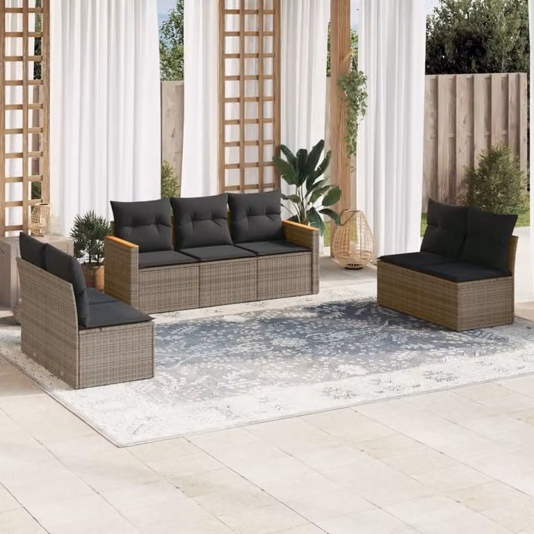 Set di divani da giardino vidaXL in polyrattan grigio con cuscini, composizione a L con elementi angolari e divano a 3 posti