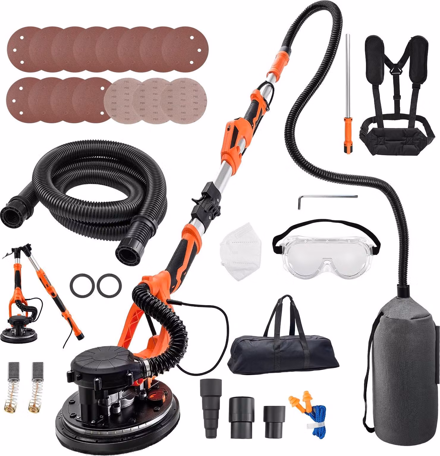 Levigatrice per cartongesso/levigatrice per soffitti - Levigatrice a collo lungo - Potenza 1150 W - Platorello 255 mm - Aspirazione della polvere - Numero di giri 800-1700 giri/min - Luce LED - Set di 15 dischi abrasivi