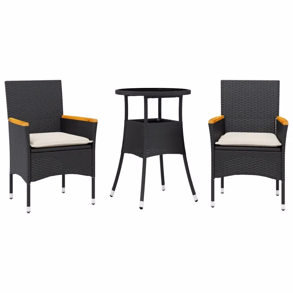 Set da pranzo da giardino moderno vidaXL in polyrattan e legno di acacia con tavolo in vetro rotondo e 3 sedie con cuscini, bianco e nero – 2