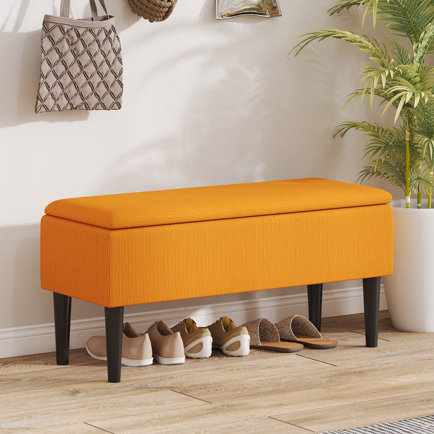 Panca fondoletto HOMCOM in poliestere e legno per camera da letto e ingresso, L: 95 cm, P: 38 cm, H: 45 cm, Grigia e Nera – 2