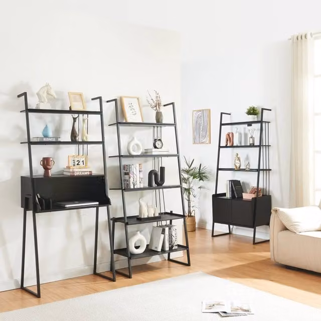 Set Storfjord Composto di Scrivania con Ripiani in Alto Scaffale a 5 Ripiani e Scaffale con Armadietto - Nero [en.casa]