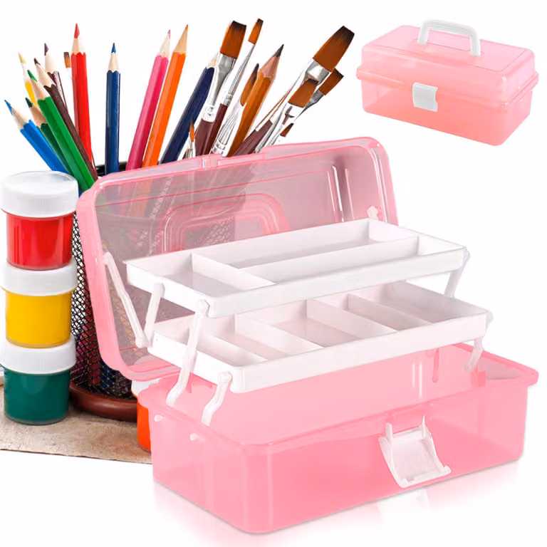 Contenitore di plastica a tre scomparti, dimensioni 33x20x14,5 cm, colore rosa