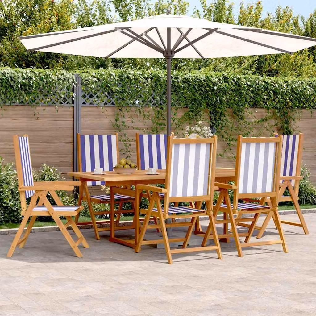 Set Pranzo da Giardino vidaXL 7 Pezzi in Legno di Acacia Olio con Tessuto a Righe Blu e Bianco