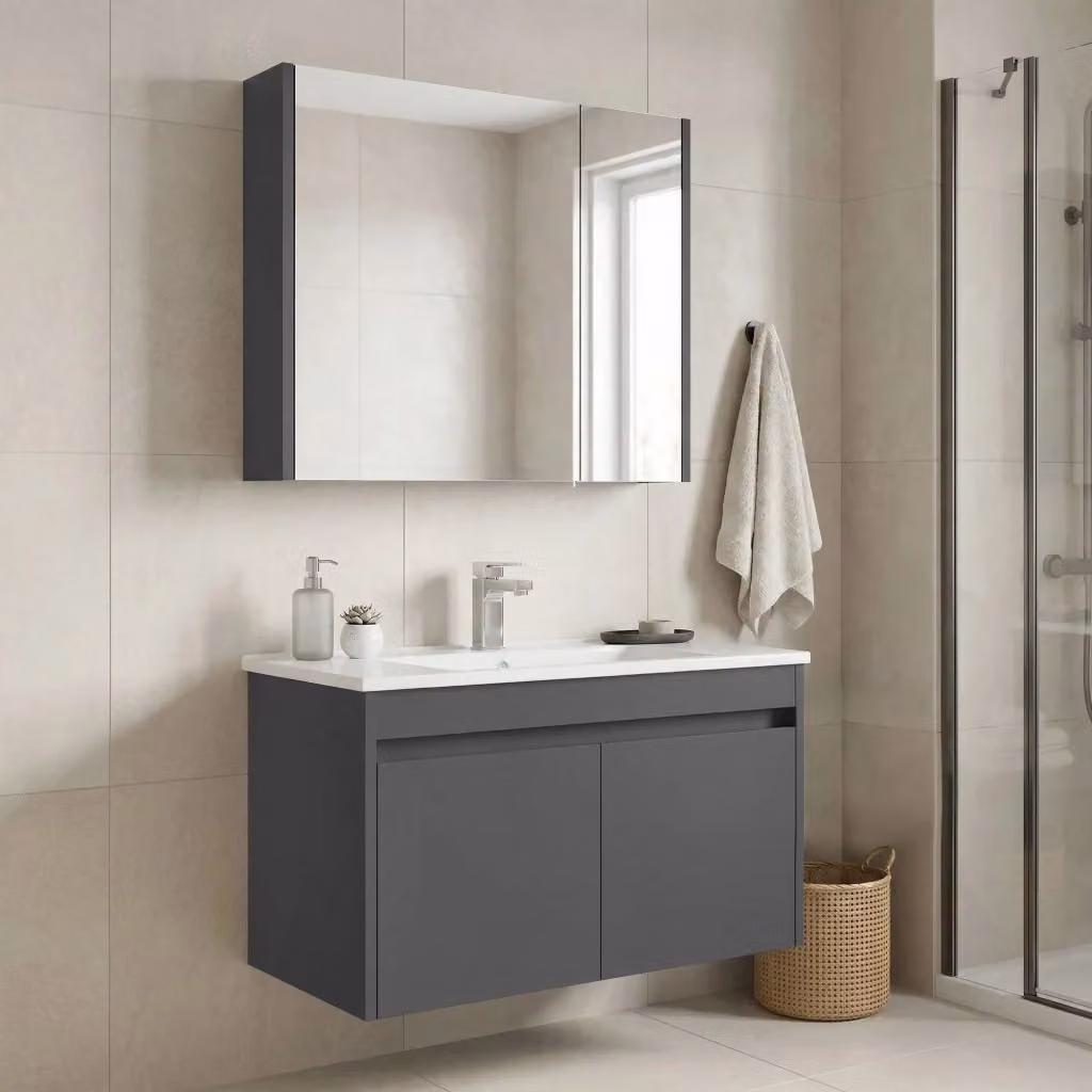 Set mobile lavabo con specchio Arno 85 Hanah Home, Grigio lucido, L: 85 cm, P: 45 cm, H: 52 cm – 2