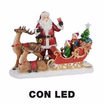 Decorazione natalizia Babbo Natale con renna e slitta in resina con LED multicolore rosso VACCHETTI L/P/H: 38,5 x 17,5 x 27 cm