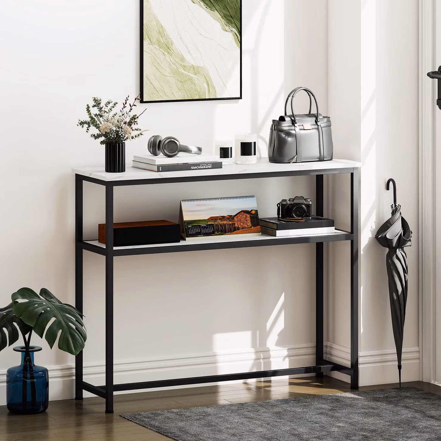 Console da ingresso stretta HOMCOM con superficie effetto marmo e struttura in metallo, L 100 x P 30 x H 81 cm, Bianco – 2
