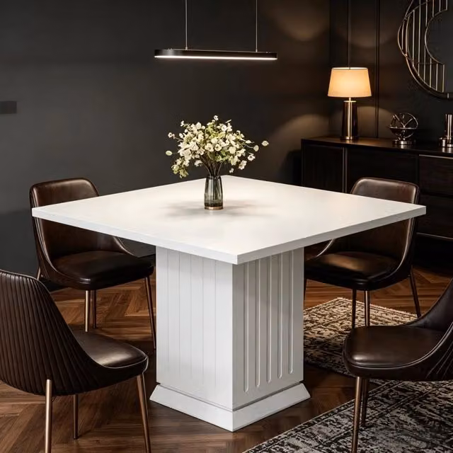 Desviae Tavolo da pranzo quadrato per 4 persone con base in legno e piano in truciolare bianco per cucina e sala da pranzo